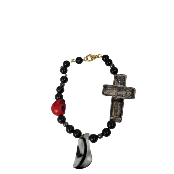 14K Gold Plated Natural Tourmaline Beads Black Metal Cross Red Skull - Picture 4 of 6